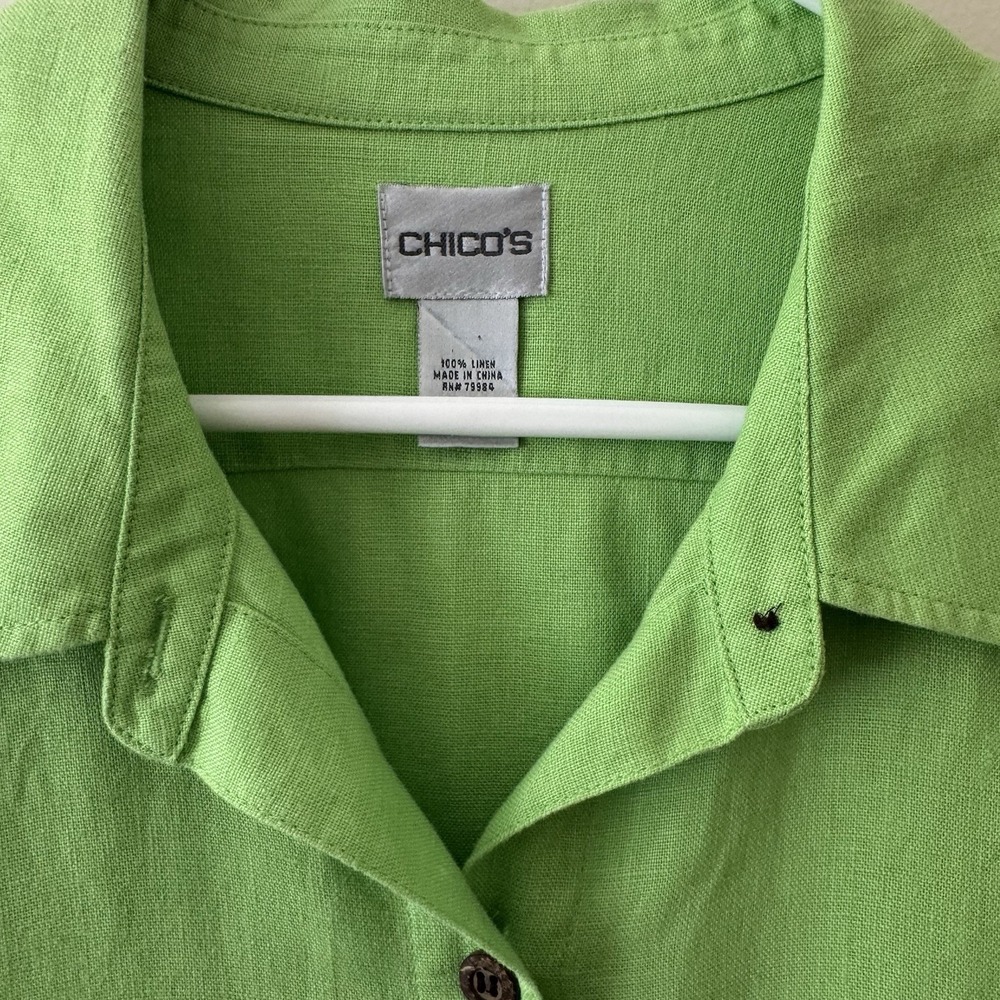 Chicos Lime 100% Linen Top Womens 3 (16/XL) Button Up Collared 3/4 Sleeve Shirt - Picture 3 of 8